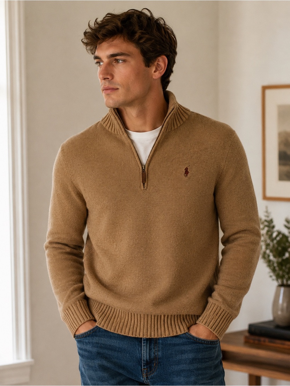 Ralph Lauren Men’s Zip-Neck Sweater in Camel Brown